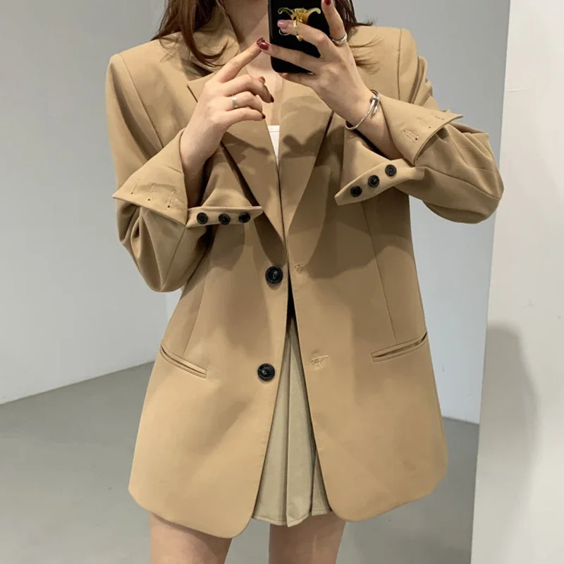 

Insozkdg Korean Spring Autumn New French Vintage Lapel Double-Pocket Loose Versatile Long Sleeve Short Blazer Women High Quality