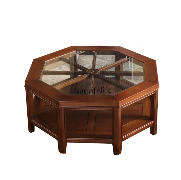 

ls 42American solid wood coffee table glass round living room mini decoration creative star anise machine