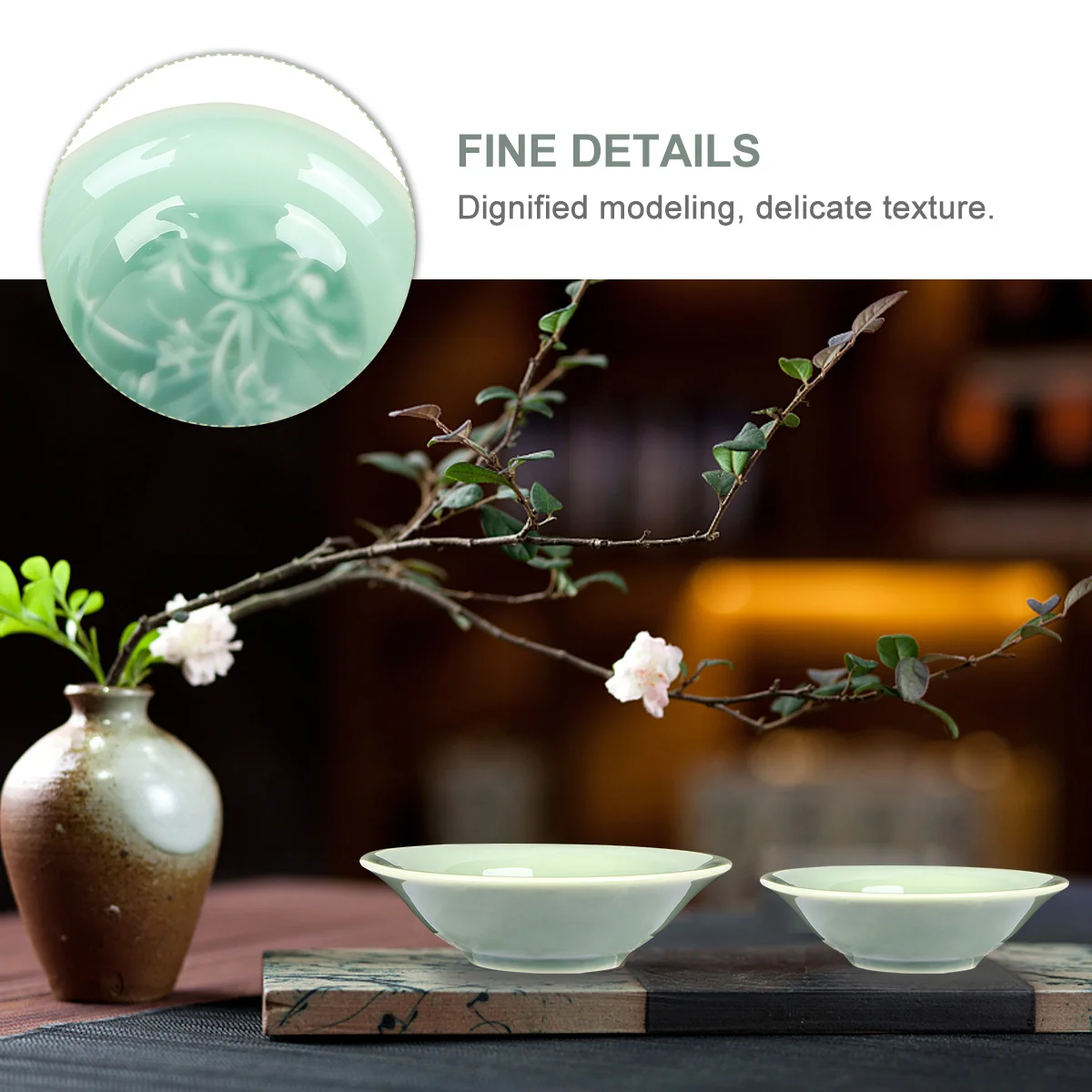 

Embossed Celadon Tea Cup Porcelain Bowl Plant Pattern Color Change Tableware for Tea Soup Cereal Home Restaurant Use