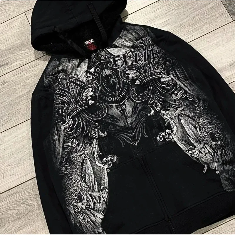 Sudadera con capucha gótica unisex Ecko de los 90, estilo Y2K, con cremallera, oversize, estampado de calavera, estilo punk casual para parejas, ropa urbana oscura.