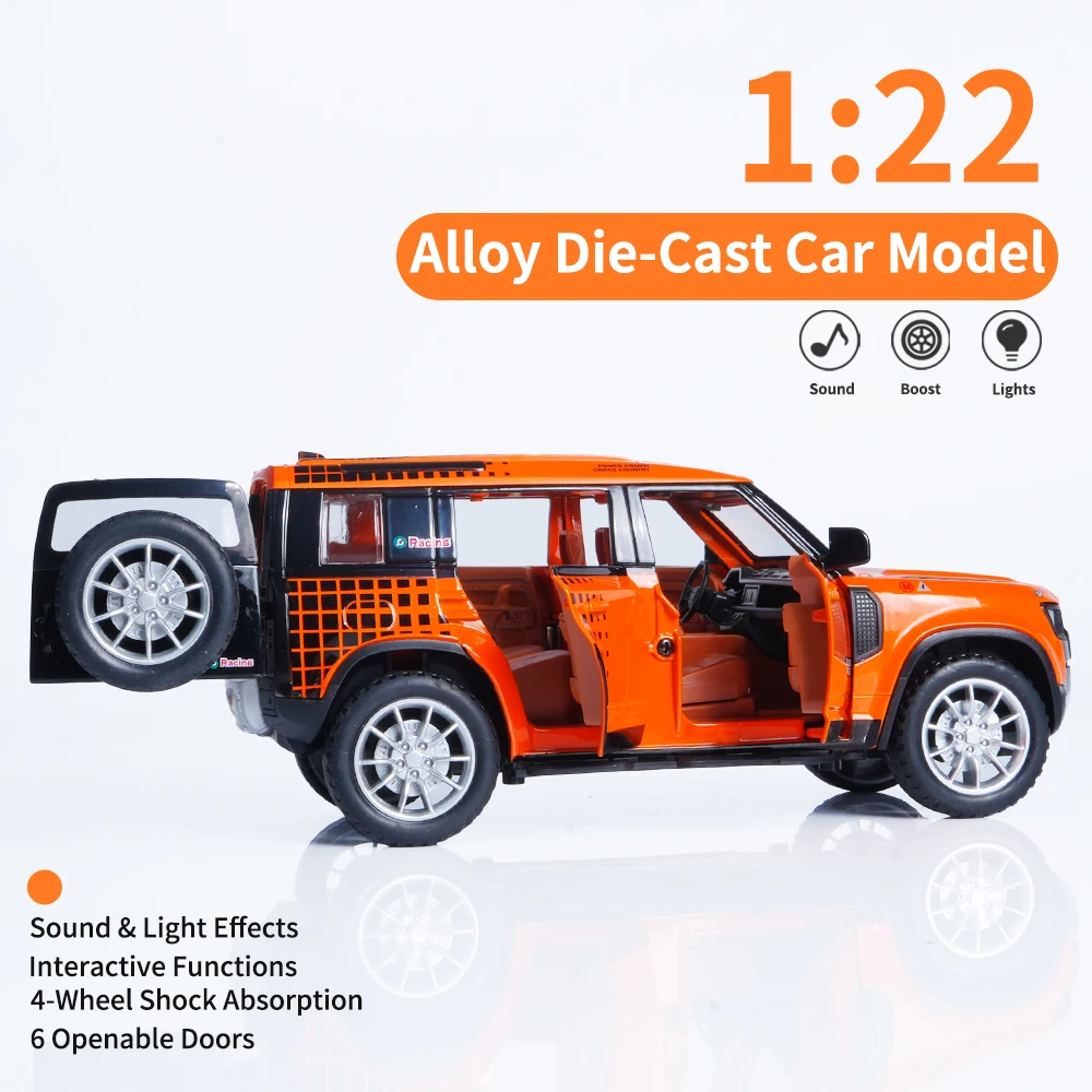 Maßstab 1:22 Legierung Orange Land Rover Automodell Spielzeugauto (kostenlose Anzeigebox), hochwertiges Automodell aus Druckguss ohne elektrischen Rückzugs-Doppeltür-Sportwagen, kreatives Sportthema, Autoventilator |   Ideales Geschenk für Männer, Desktop |   Kreative Heimtextilien-Dekoration, simulierte modische Fahrzeugsammlungen aus Metall, Partygeschenke, Geburtstage |   Weihnachtsgeschenk (Ostern / Weihnachten / Halloween)