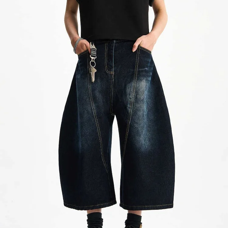 

Мужские летние джинсы свободного кроя с вышивкой в стиле ретро, темно-синие, длина 7/5, прямые штанины