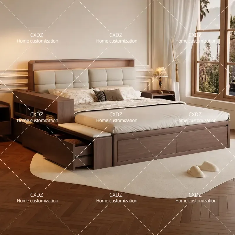 Full Solid Wood Oak Bed 1.8m Double Bed Modern Simple Master Bedroom High Box Storage Platform Bed