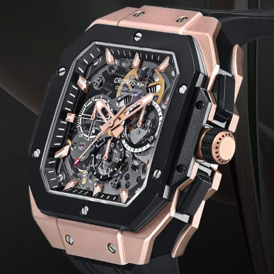 CRONUSART Men Chronograph Watch 45mm Square Automatic Mechanical Wristwatch Sapphire Mirror Luminous Fluororubber Strap Sport