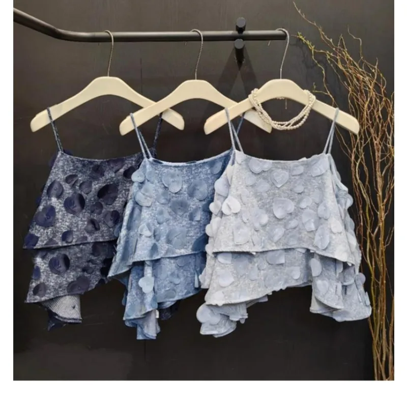 Denim Three-dimensional Embroidery Sweet Spicy Top Off-the-shoulder Vacation Style Niche Light Luxury Celebrity Suspender Shirt