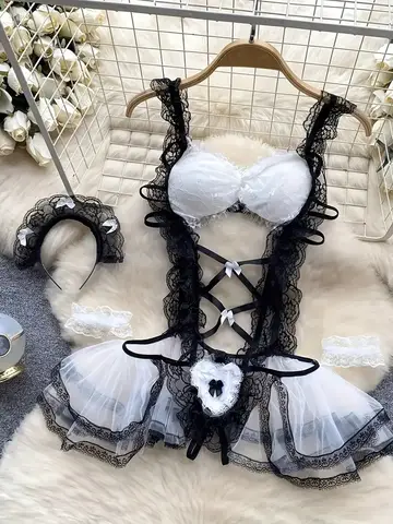 Naughty Maid Uniform Role Play Costume Bodysuit for Women Sexy Lingerie Bow Lace Suspender Dress Cosplay Underwear