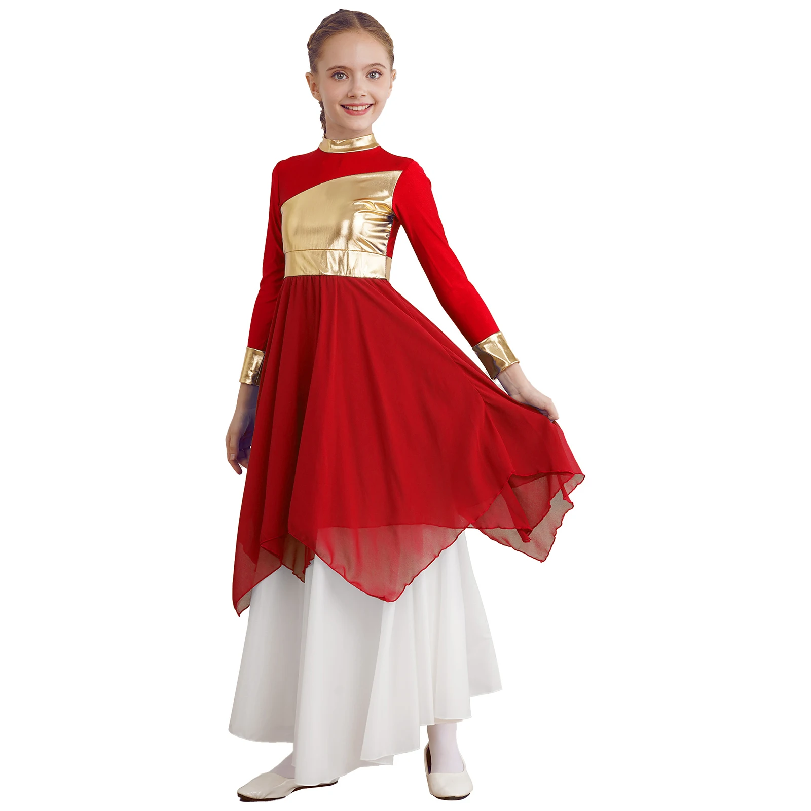 Kids Girls Lyrical Ballet Dance Dress Long Sleeve Bronzing Cloth Patchwork Church Praise Dresses Contemporary Modern Dancewear