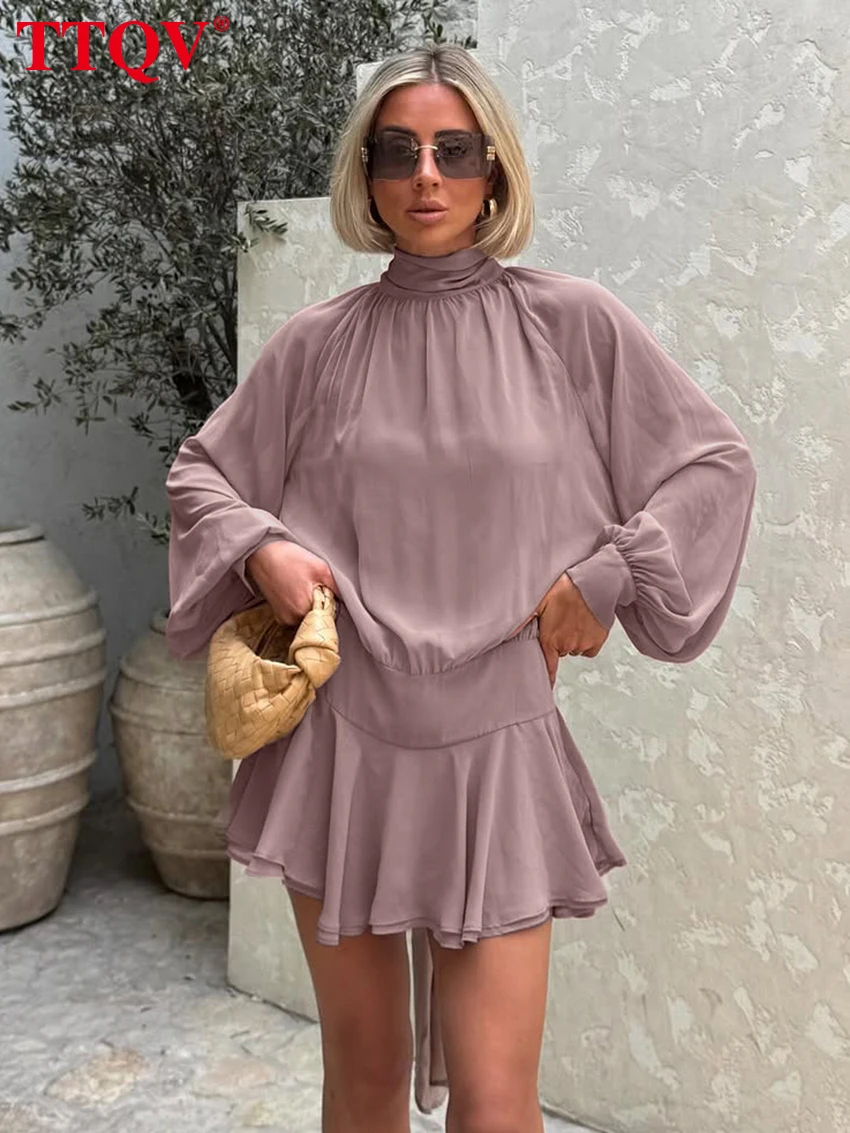 

TTQV Fashion Loose Pink Women's Dress 2026 Spring Stand Collar Long Sleeve Mini Dresses Elegant Classic Pleated Female Dress