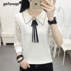 Spring Summer New Elegant Fashion Long Sleeve Lace Patchwork Bow Shirt Women Loose Casual Hollow Out Pullover Blouse Femme Tops