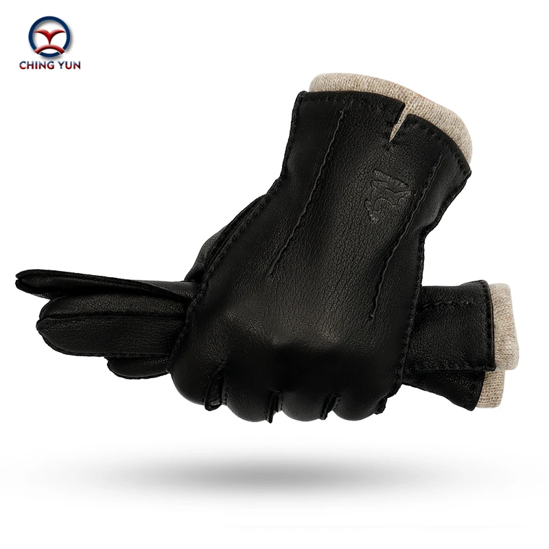 Men's Hand-Stitched Deer Skin Gloves Warm Soft Black Corrugated Design Wool Lined 70% Wool Inner Autumn Winter Mitten