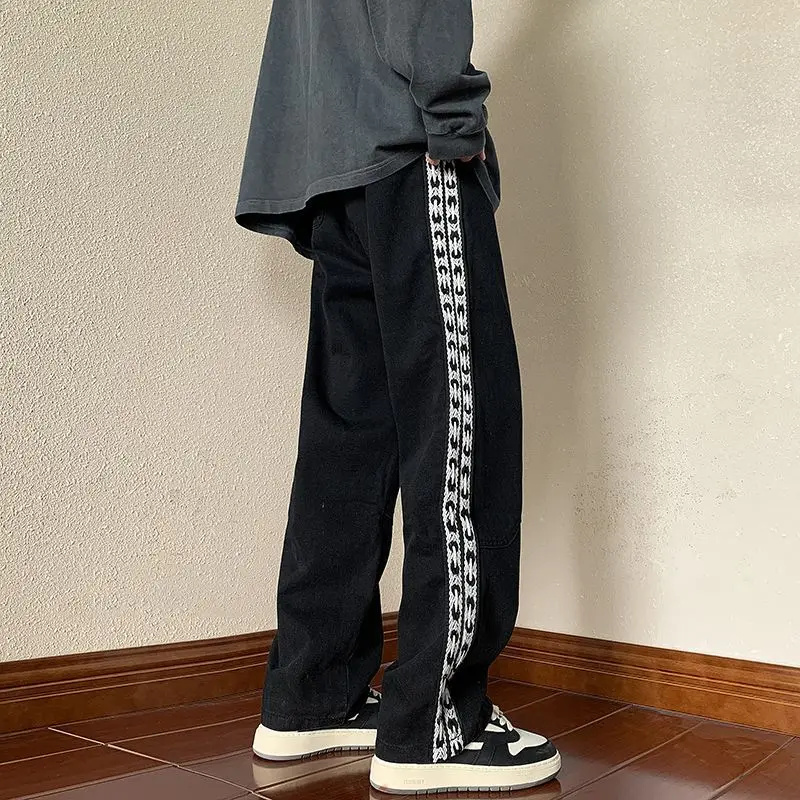 Ribbon Jeans Men Summer American Street Spring and Autumn Pants Retro Floor-length Wide-leg Pants High Street Straight Pants