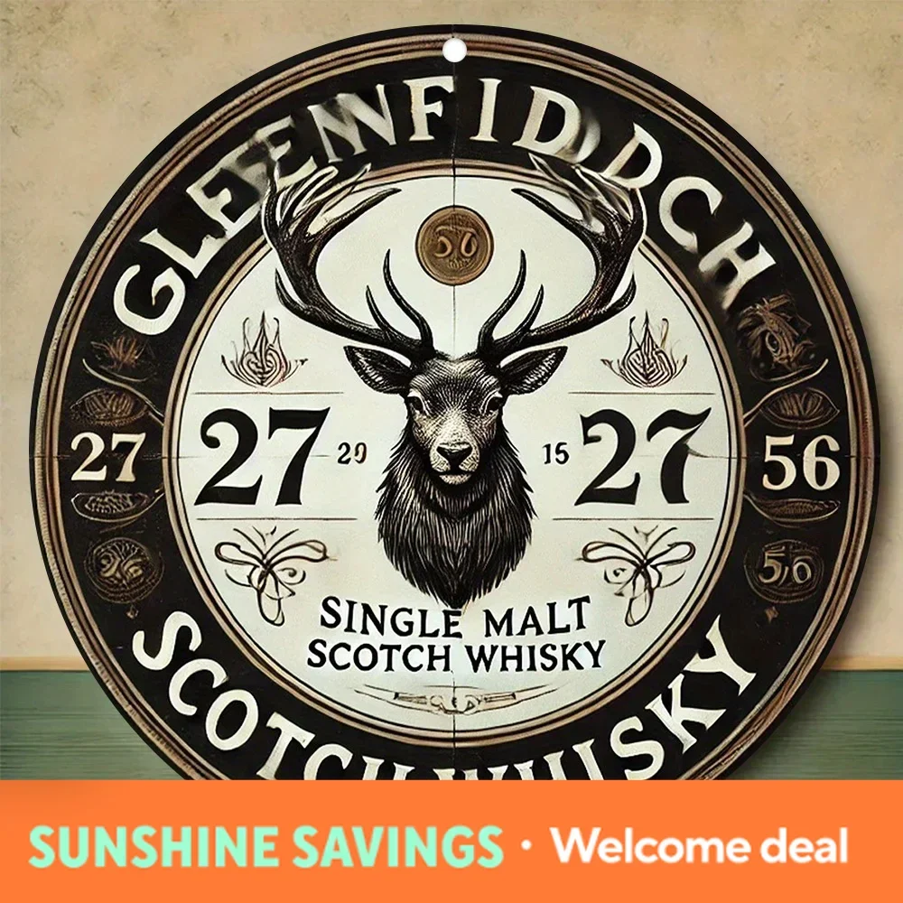 Letrero Redondo Metálico Vintage de Whisky Escocés Single Malt Glenfiddich con Cabeza de Ciervo, Arte de Pared Metálico Retro con Logotipo de Ciervo de Whisky Glenfiddich, Ru