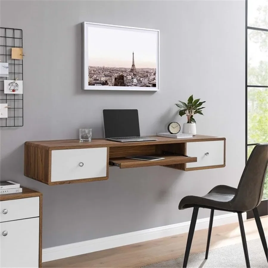 Transmit 60 Wall Mount Particleboard Wood Office Desk in Walnut/White