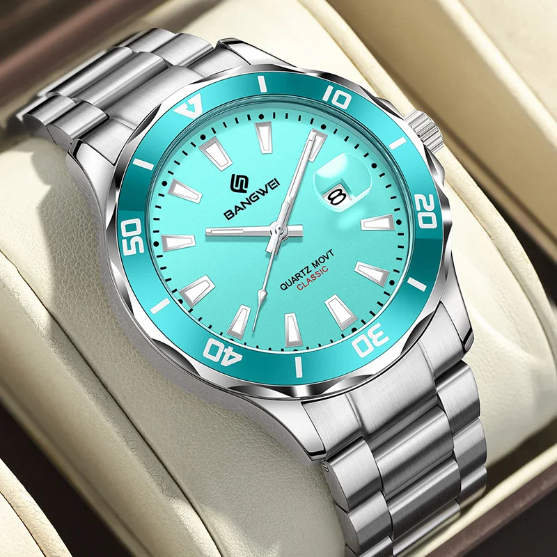 BANGWEI Orologio impermeabile casual da uomo Orologio da polso da uomo sportivo di moda con data luminosa di lusso in acciaio inossidabile