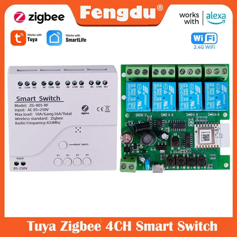 

Умный выключатель Tuya Zigbee, 4-канальное реле с кнопкой управления, беспроводной модуль переключения, управление через приложение, голосовое управление для Alexa Google