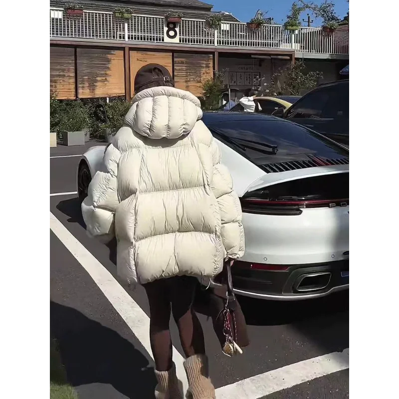 Chaqueta de plumón abombada para mujer, chaqueta acolchada holgada versátil de longitud media con capucha, abrigo cálido de plumón de pato blanco