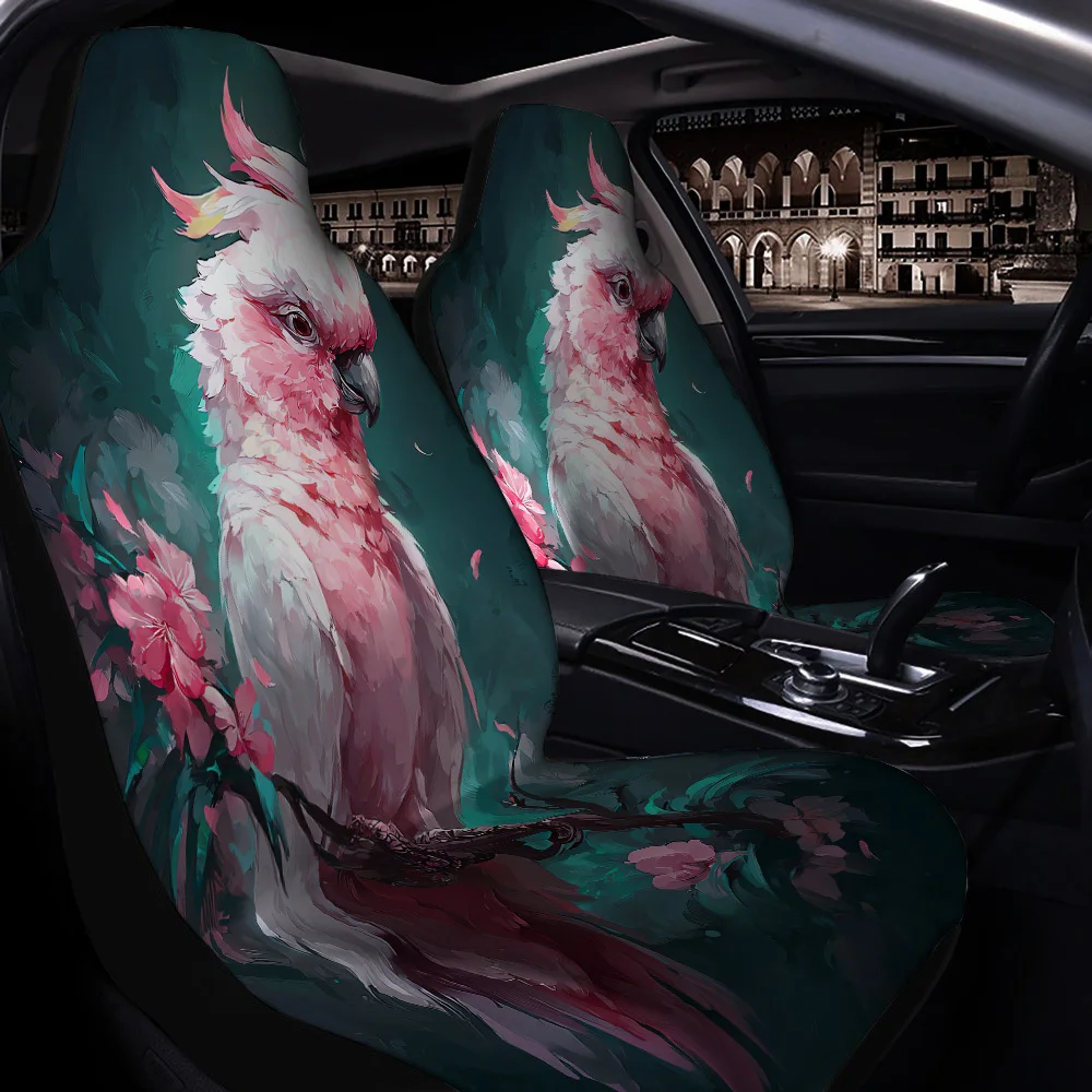 2pcs Pink Parrot Perch Cherry Petal Flying Print Car Seat Covers, Suitable For Sedans, Suvs, Mpvs, Trucks, Durable Polyester Mat