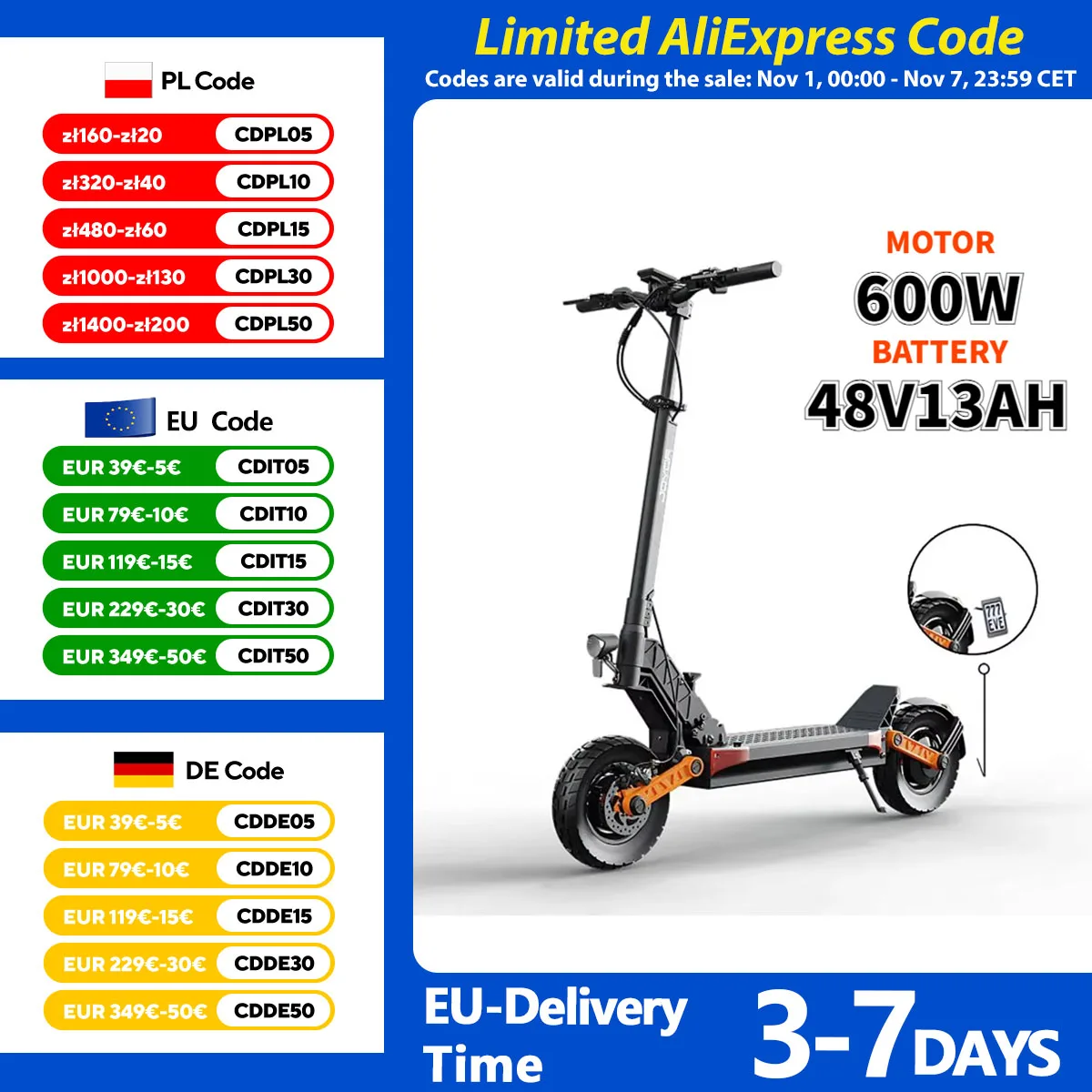 Electric scooter 600W Powerful motor 48V13AH lithium battery folding E scooter 10-inch tire All Terrain electric scooters