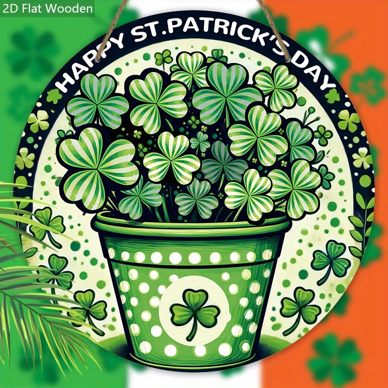 St. Patrick'S Day Wooden Sign - 2D Flat Printed Round Clover Garden Decor - No Electricity Needed - Featherless - Ideal for Gene