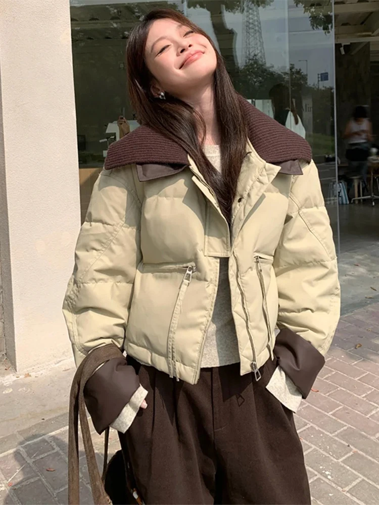 

Retro Knitted Stand Collar down Cotton Jaet Women ort 2026 Winter High End Sensation Warm Bread Sle Thi Outerwear