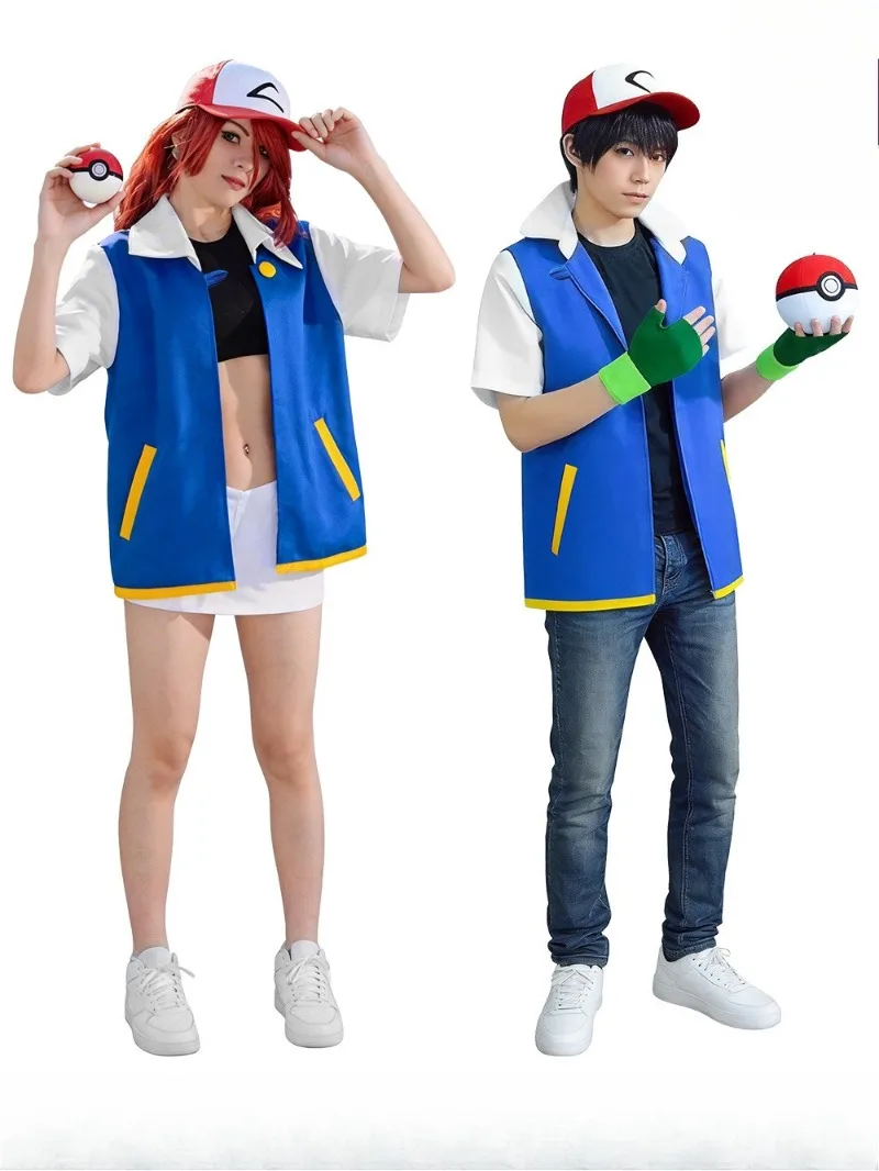 Ash Ketchum Cosplay Costume Pokemon Adult Kid Outfits Blue Jackets Hat Gloves Sets Cartoon Party Role Play Stage Performance