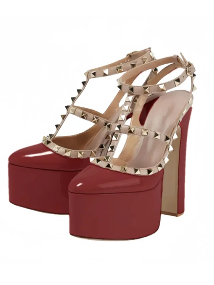 2025Summer New Fashion Thick Sole Sandals Thick High Heel Riveted Sexy Fashion Show Banquet Party Large Women\'s Shoes