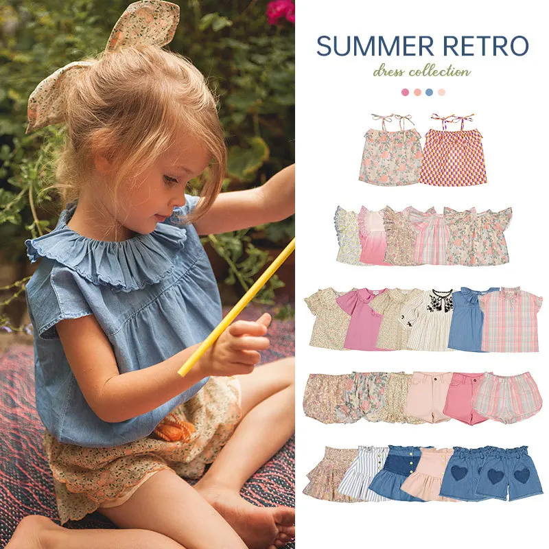 

Children's Suits 2024 Summer Lou Series Girls Pure Cotton Suspender Tops Denim Shorts Baby Kids Sweet Pastoral Style Skirt Suit