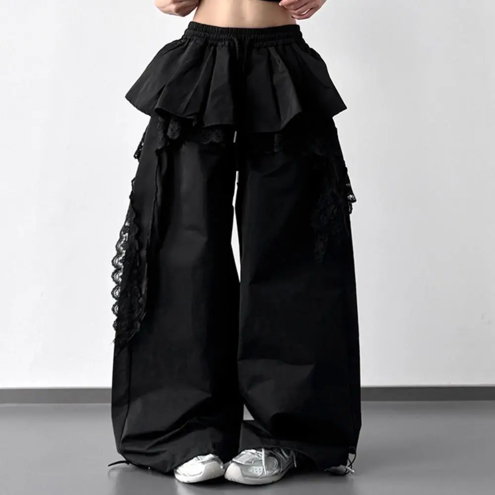 

Loose Young Women Lace Patchwork Pants Baggy High Waist Lace Tiered Skirt Pants Drawstring Casual Wide Leg Trousers Girls