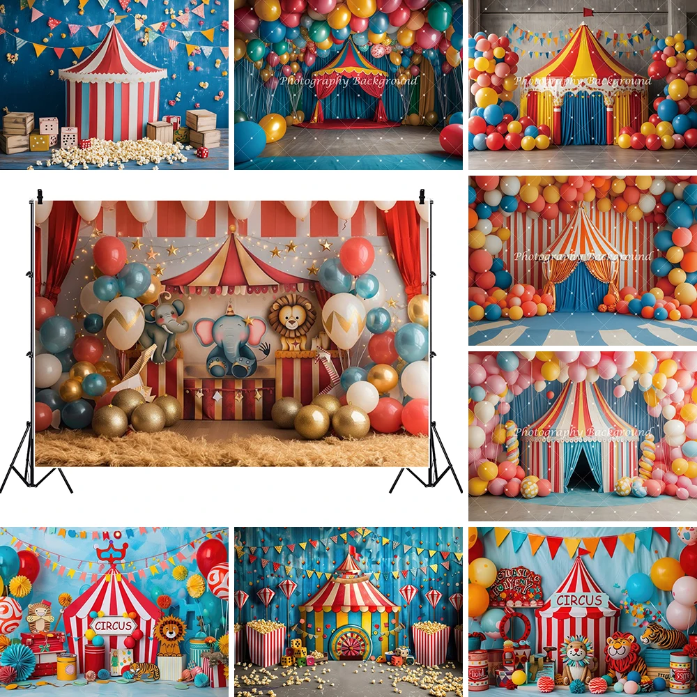 

Circus Carnival Theme Backdrop Red Tent Circus Clown Animals Children Birthday Portrait Photography Background Photo Booth Props