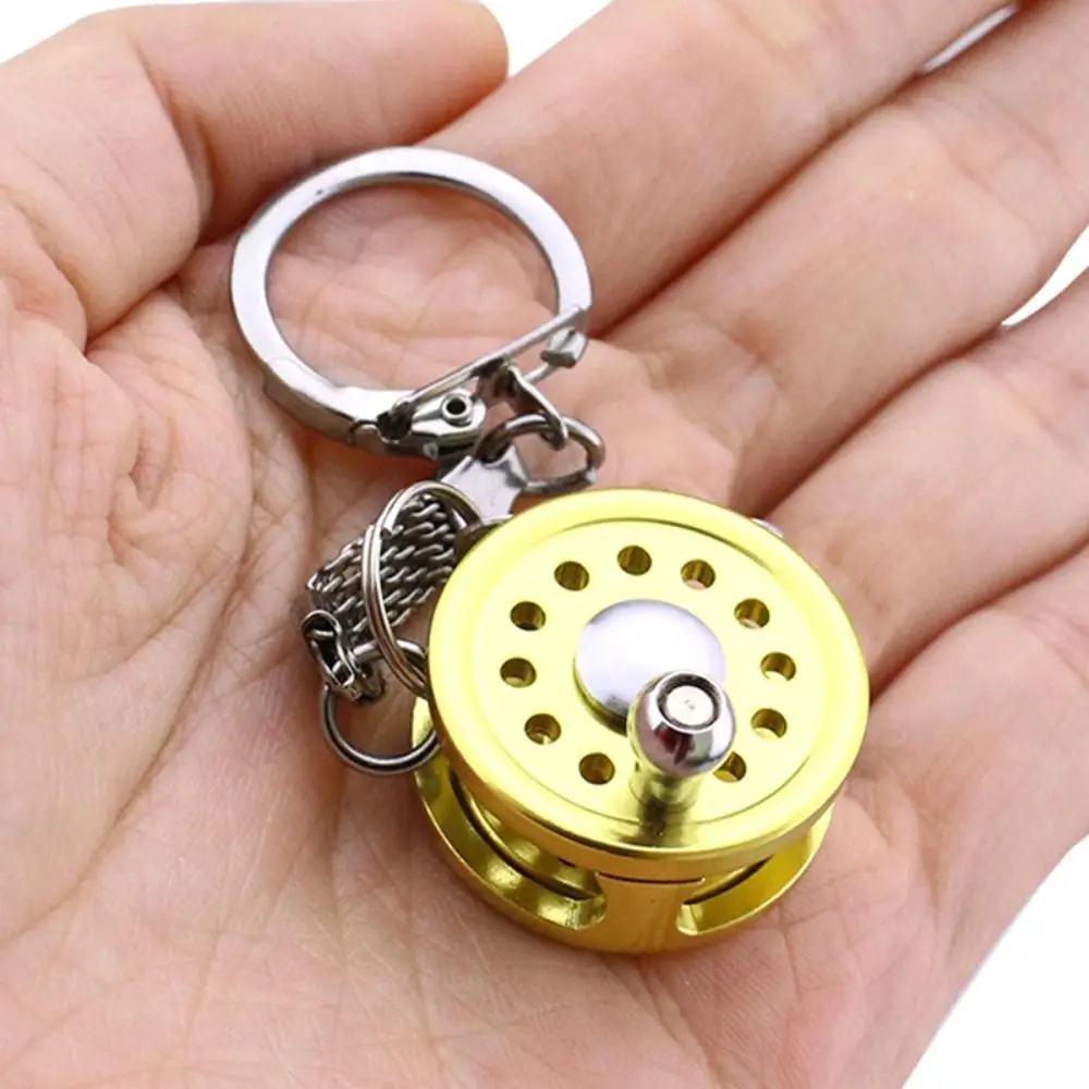 Golden Silver Fish Wheel Keychain Bag Decoration Hanging Oranment Fly Reel Keyring Metal Miniature Spinning Reel Pendant
