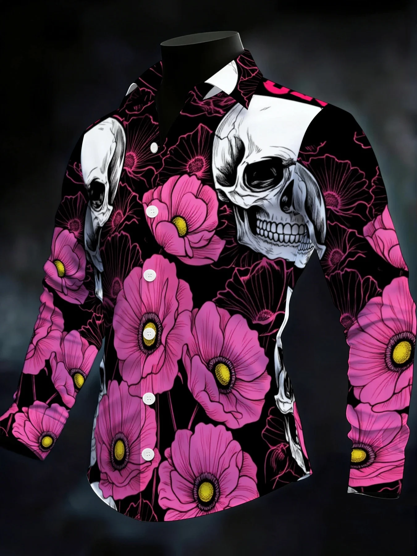Men Long-Sleeve Button-Down Shirt Black Bright Pink Floral White Skull Print Polyester Lapel Collar Gothic Party Top