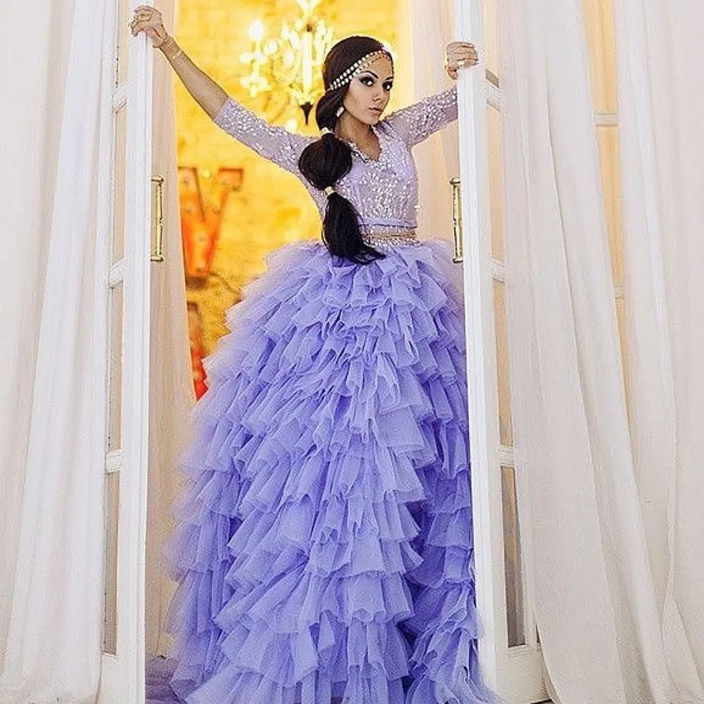 Vestido de baile lavanda, saia de festa de casamento, babados em camadas, tule, saias longas de aniversário para sessão de fotos, saia longa de noite com top