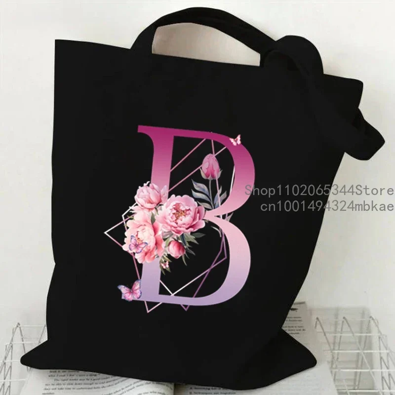 Borsa tote in tela retrò con motivo floreale viola con alfabeto Borsa shopper riutilizzabile da donna per uomo Borse a tracolla con lettera di moda