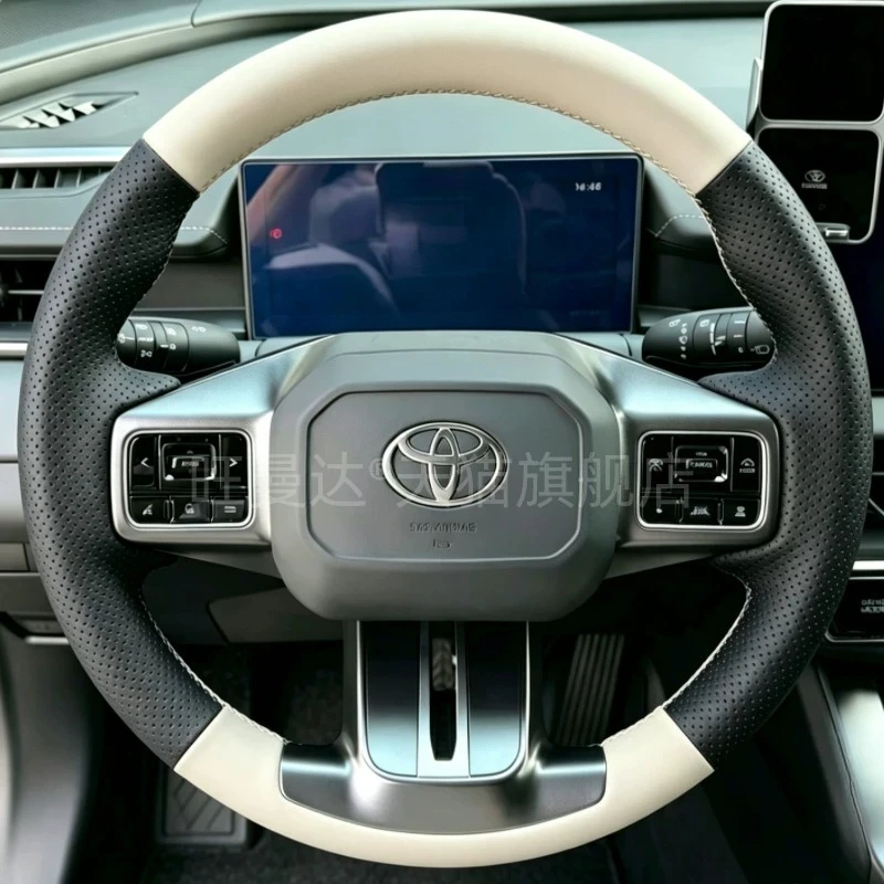 For Toyota RAV4 Wildlander 2026 Hand-stitched non-slip black white genuine leather car steering wheel cover Car parts