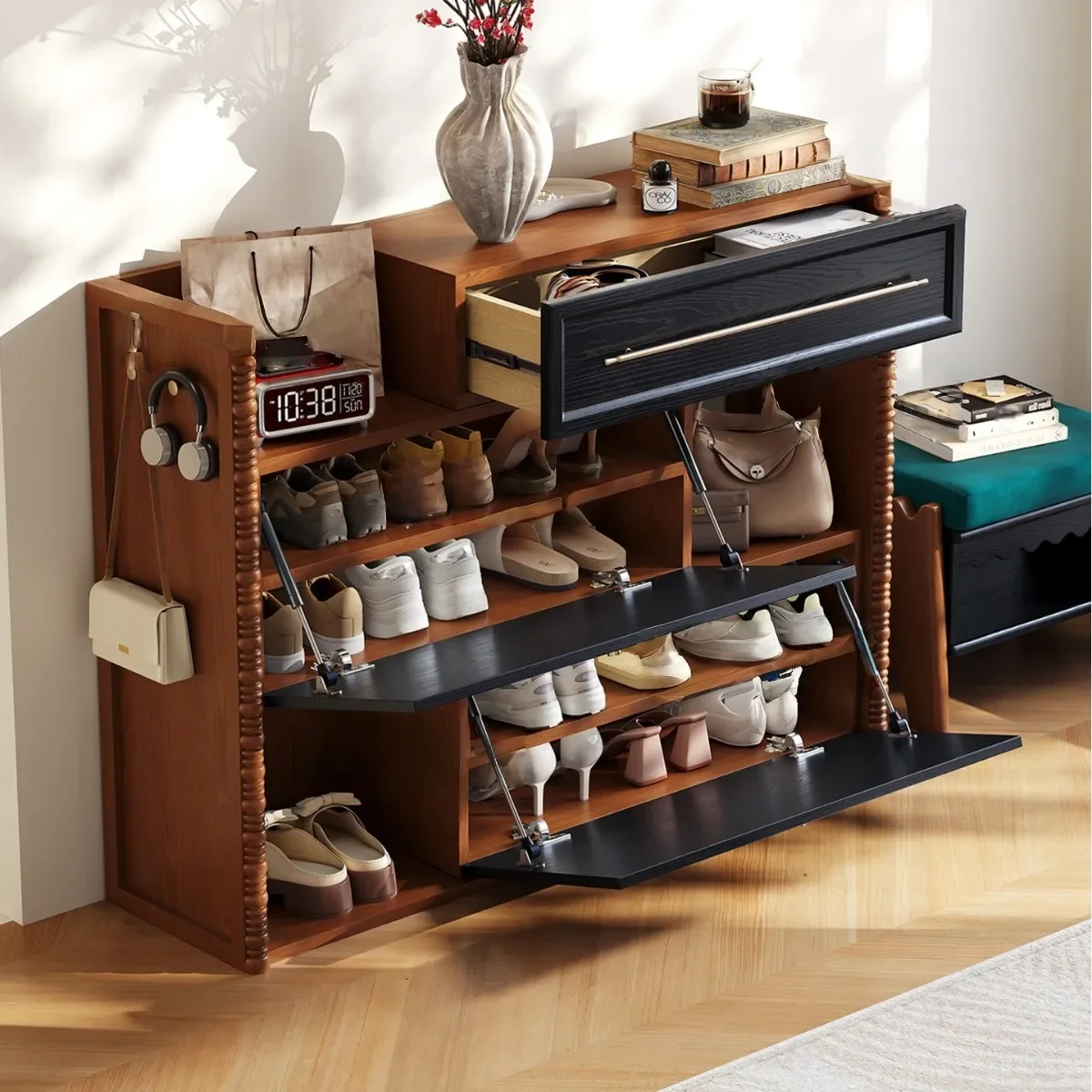 Medieval solid wood telescopic shoe cabinet, large-capacity multi-layer storagecabinet at the door of the household, and the lo