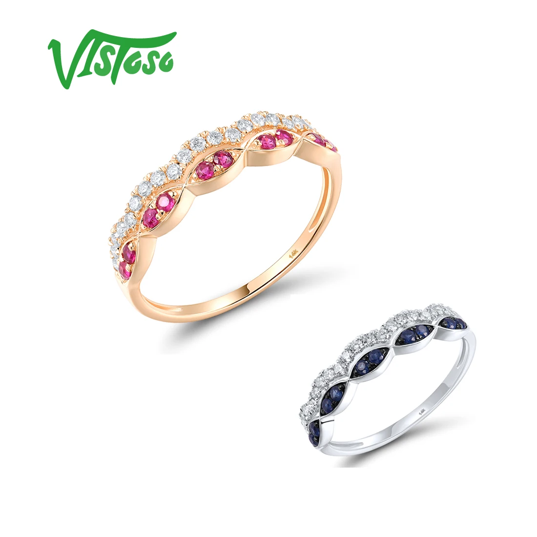 VISTOSO Real 14K 585 Rose White Gold Ring For Women Sparkling Diamonds Emerald Blue Sapphire Trendy Wedding Gifts Fine Jewelry