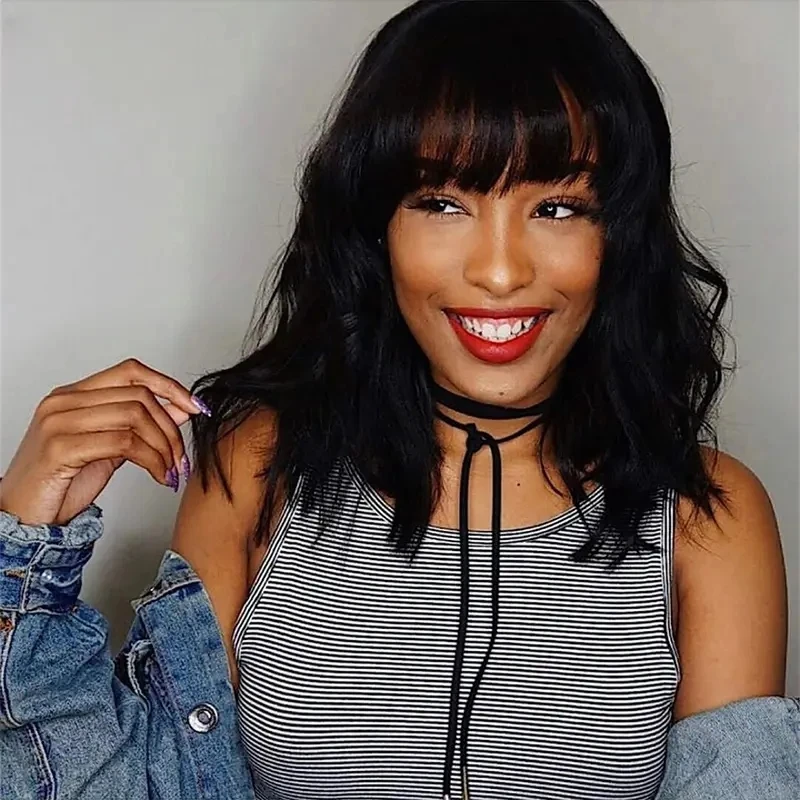 

Short Bob Wig with Bangs Body Wave Human Hair Bob with Bangs Wig Human Hair 200% Density Wavy Bang Bob Wig For Women