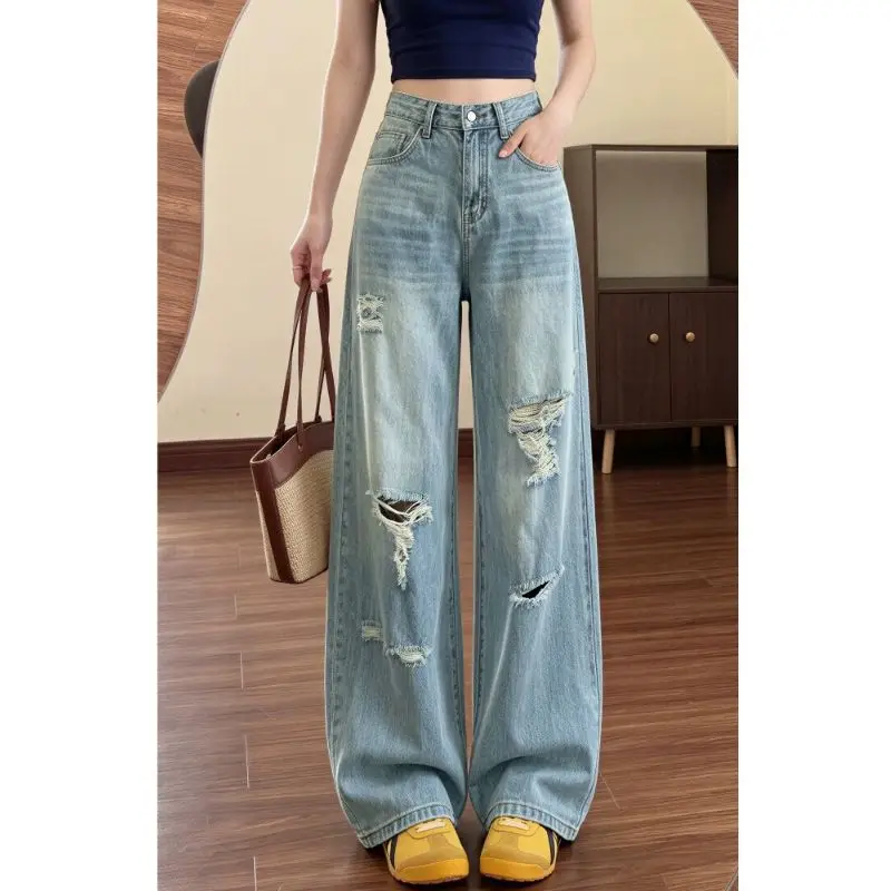 Women High Waist Wide Leg Jeans Light Blue Wash Distressed Ripped Denim Pants Vintage Frayed Hole Loose Casual Trousers