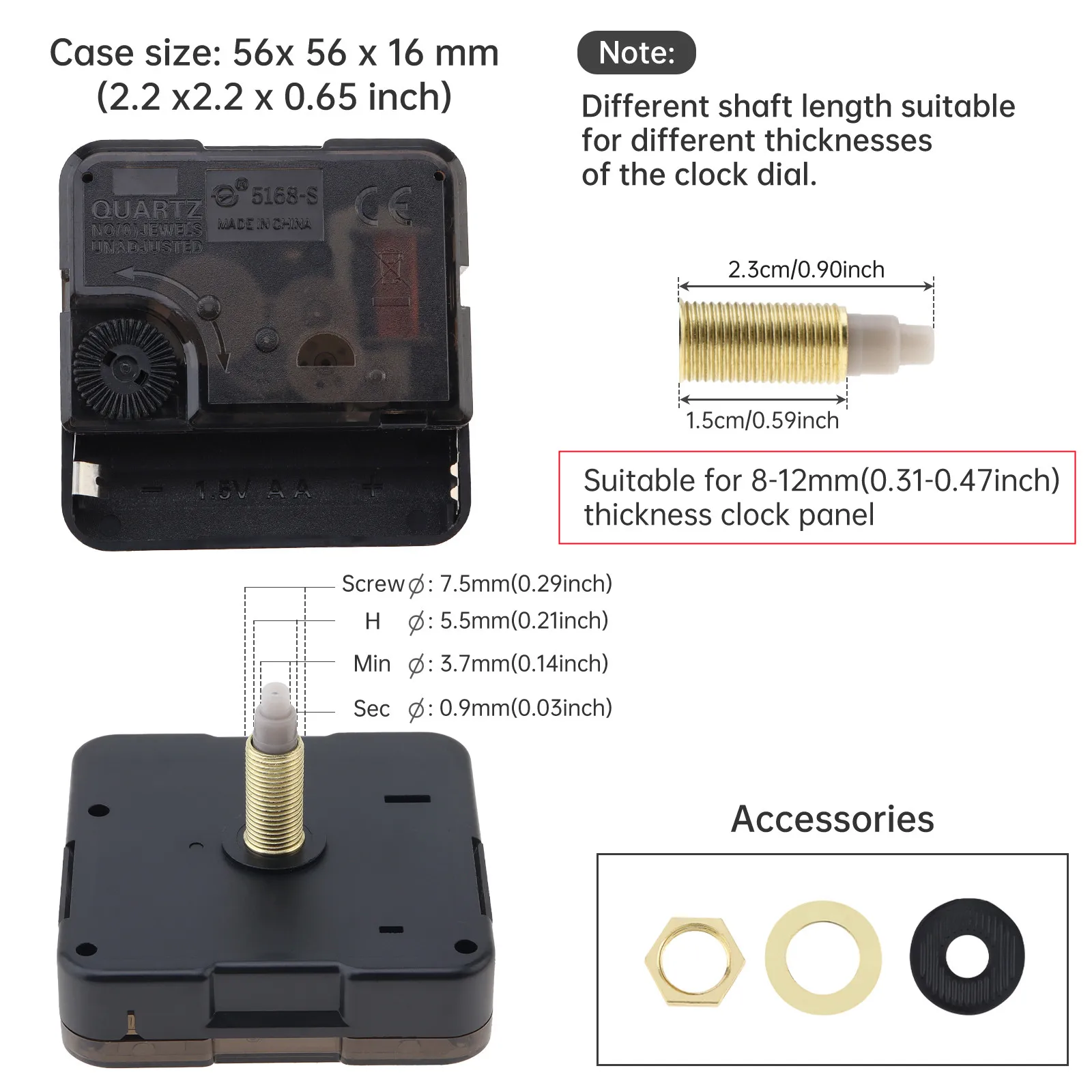 Wanduhr-Mechanismus, 12/16/18/22 mm Schaft, geräuschloses Quarzwerk, geräuschloses Kehren, zweites Uhrwerk für die Uhrreparatur / Heimwerker – Detail 6
