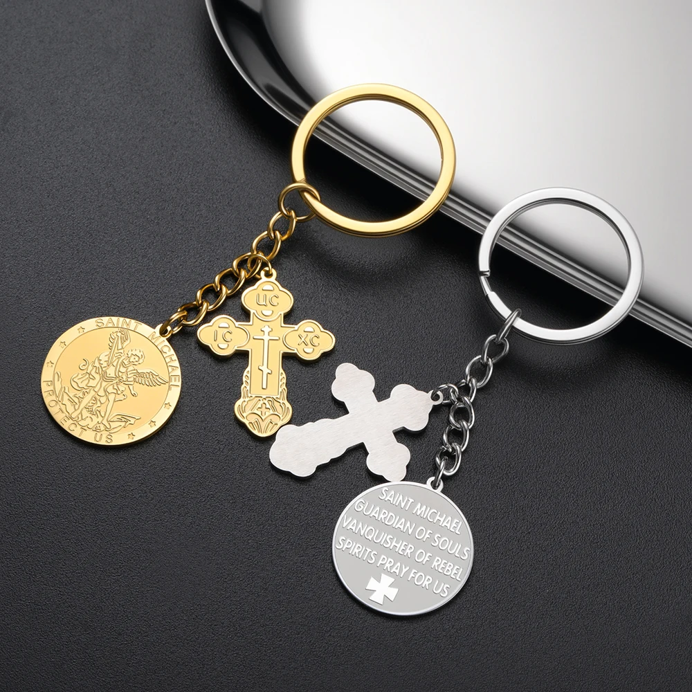 Dawapara Orthodoxes Kreuz und Heiliger Michael Anhänger Schlüsselanhänger Religiöses Gebet Erzengel Christlicher Talisman Edelstahl Schlüsselring – Detail 6