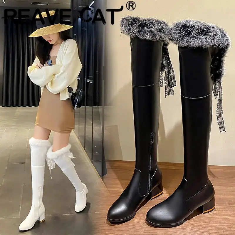 REAVE CAT Fashion Lady Thigh Boots 54cm Round Toe Block Heels 6cm Plush Shoes Ribbon Sexy Party Big Size 45 46 47 48