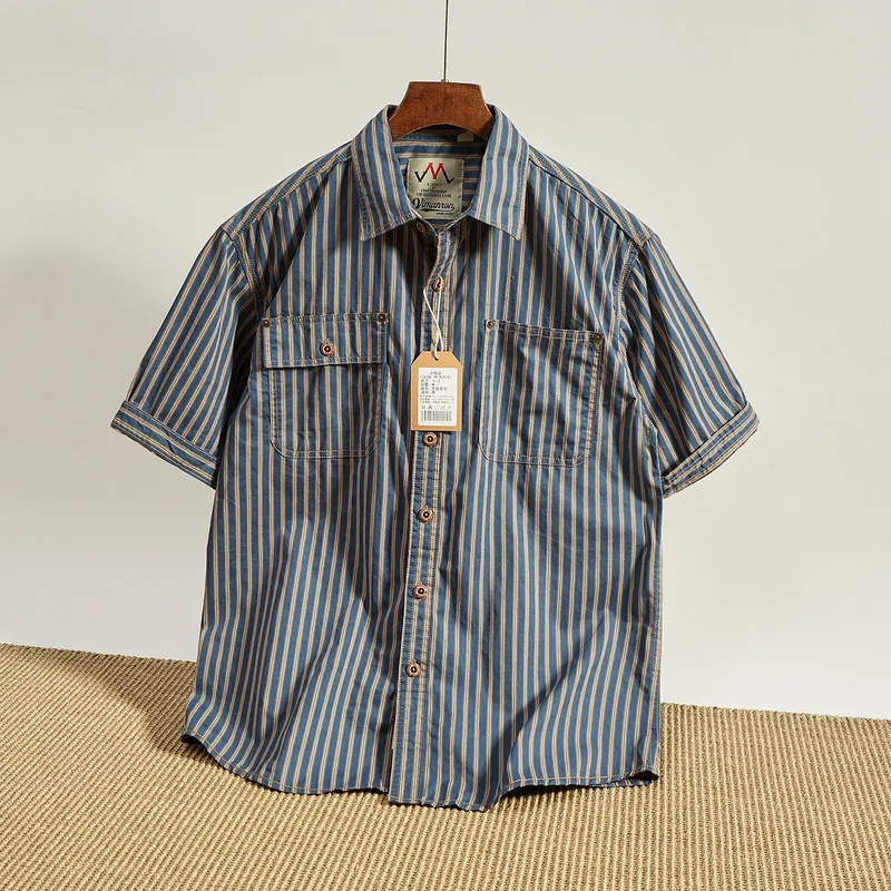 QICHE Men Loose Amekaji Striped Short Sleeve Work Shirt Japanese Vintage Casual Half Sleeve Youth Street Blouse