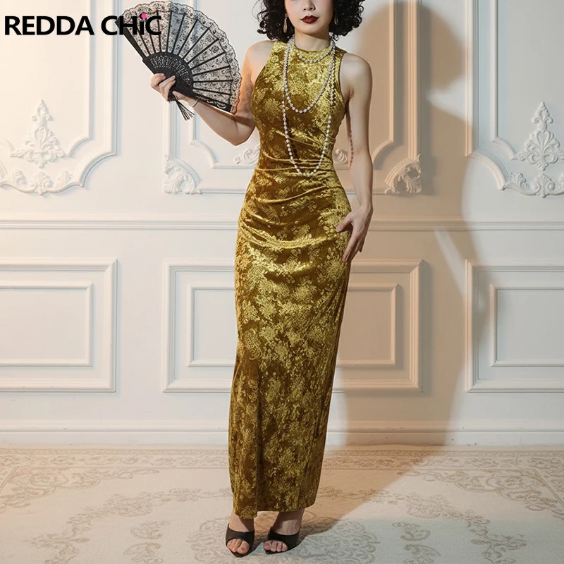 

REDDACHiC Elegant Floral Velvet Qipao Dress Vintage Gold Glossy Split Shirring Slim Fit Tank Cheongsam Party Pretty Fall Clothes
