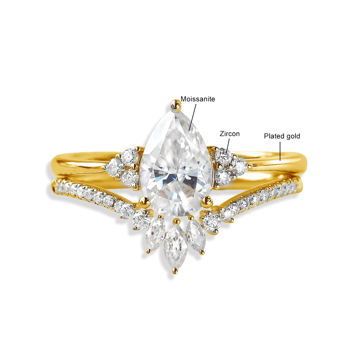 Kirin Palace Pear Cut Moissanite Ring 2PCS 100% 925 Silver Ring For Women White/Yellow/Rose Gold Plated Gift Engagement Jewelry