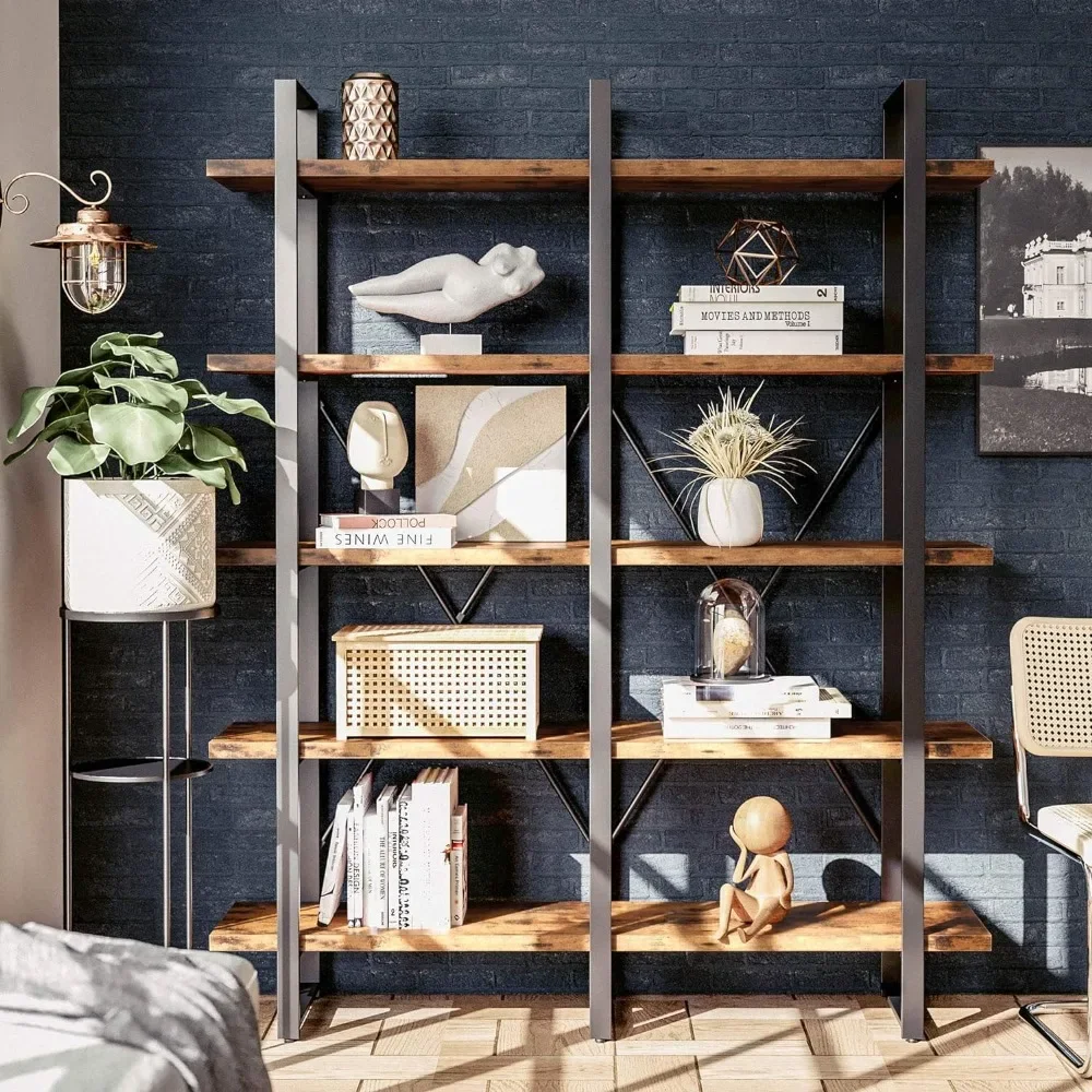 Industrial Bookshelf and Bookcase Double Wide 5 Tier, Large Open Shelves, Wood and Metal Bookshelves for Home Office Furn