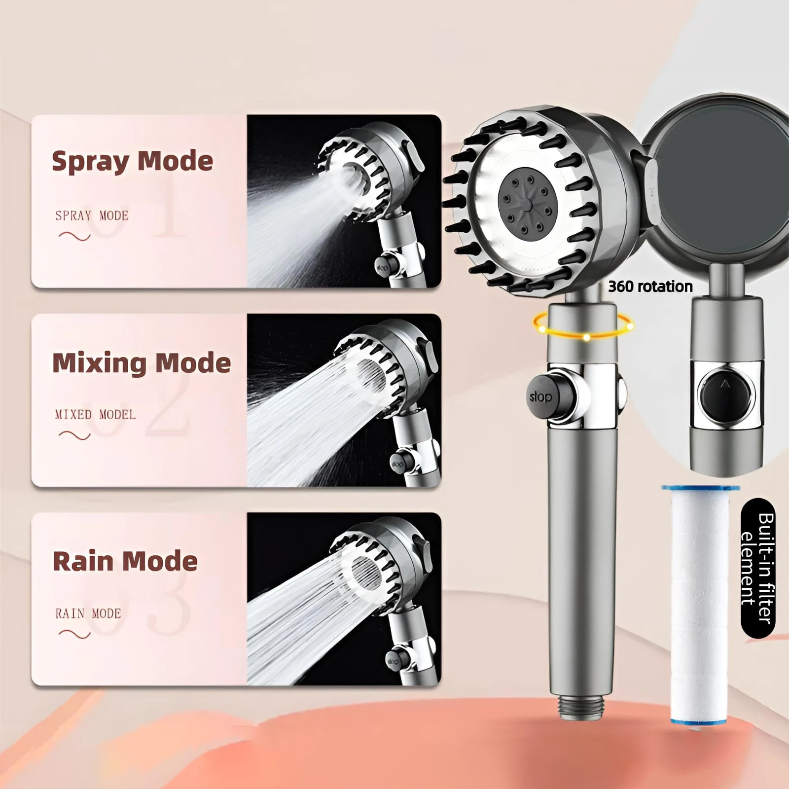 

3 Modes Adjustable Shower Head with Massage Brush High-Pressure Shower Head with Water Saving Rainfall Spray Bathroom Accessorie