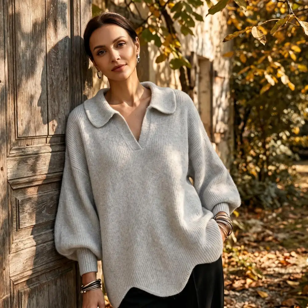 Soft Knitted Pullover Tops Streetwear Autumn Winter Knitted Sweater Women’s Lapel V-neck Pullover Solid Color Loose Fit