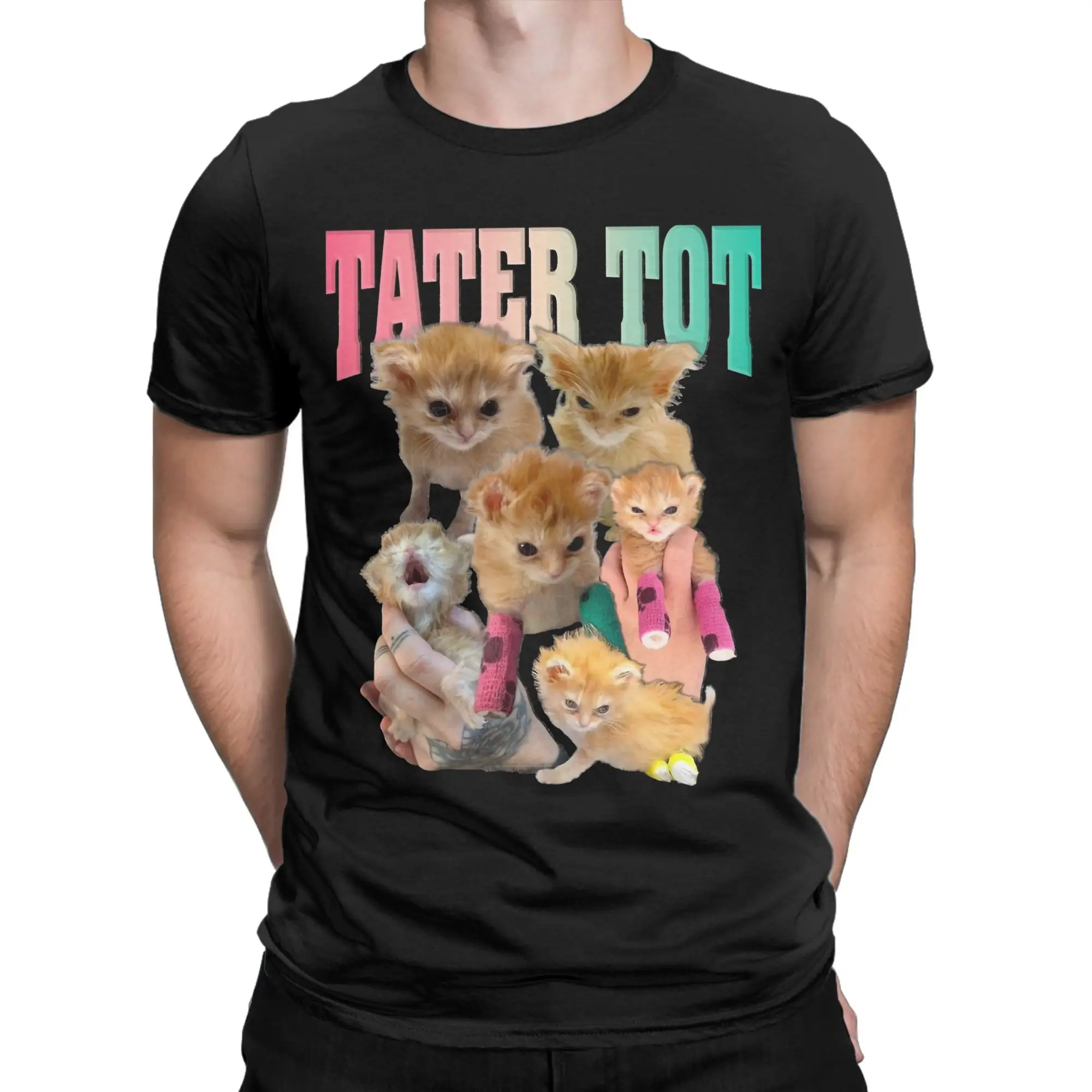 Tater Tot  Funny Cat Meme T Shirts for Men Cotton Vintage T-Shirt Round Collar  Tees Short Sleeve Tops Plus Size