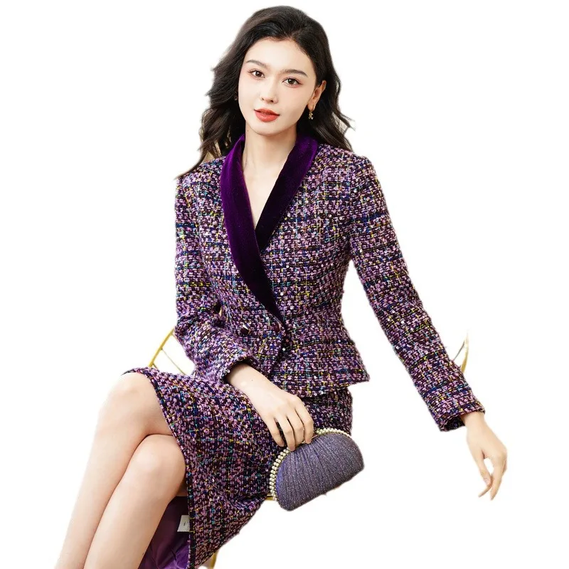 

Elegant Purple Tweed Woolen Jacket and Skirt Suit 2 Piece for Women Winter Party Outfit Office Lady Long Sleeve Dress Sets