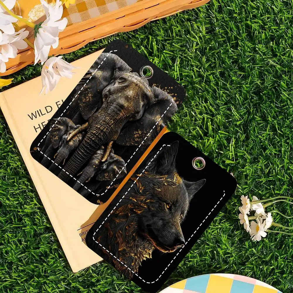 Black Gold Animals Card Case Keychain Access Card Bag Key Tag Ring Leather Card Holder Key Ring Access